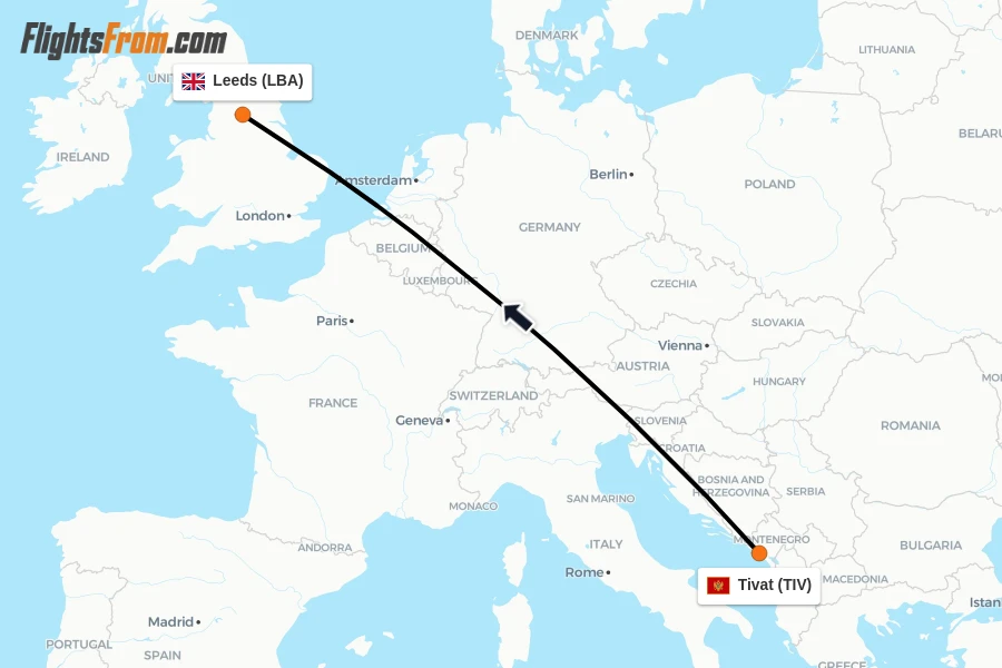 Flights from Tivat to Leeds route map