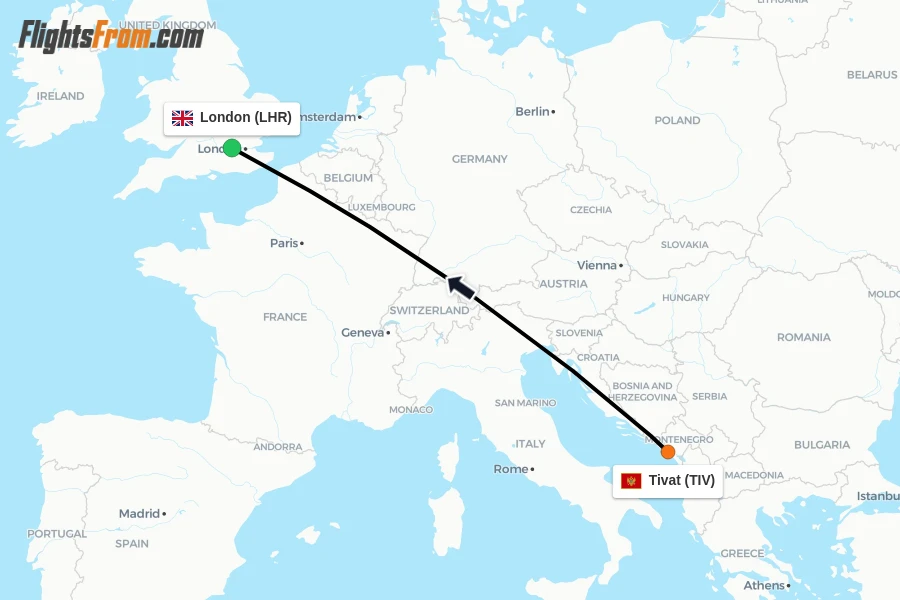 Flights from Tivat to London route map