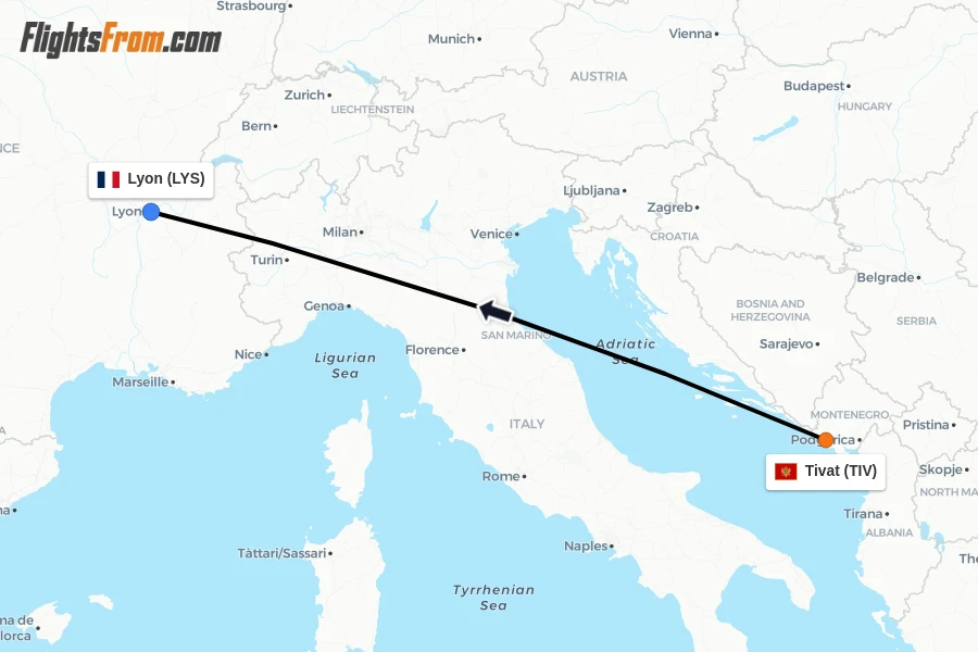 Flights from Tivat to Lyon route map