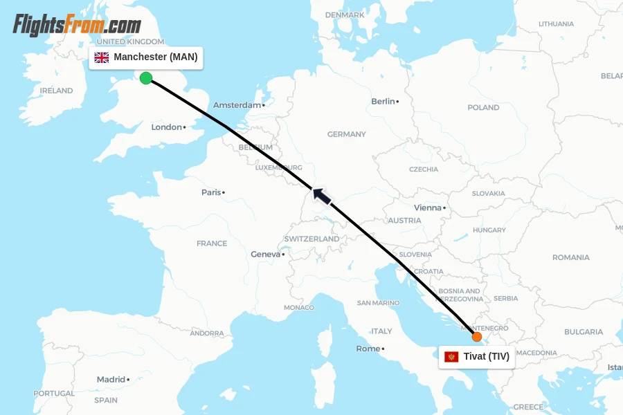 Flights from Tivat to Manchester route map