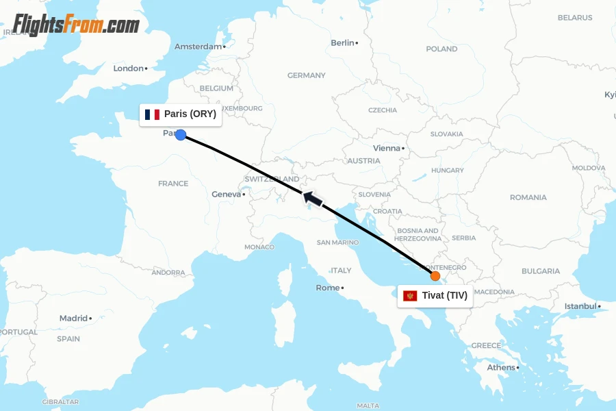 Flights from Tivat to Paris route map
