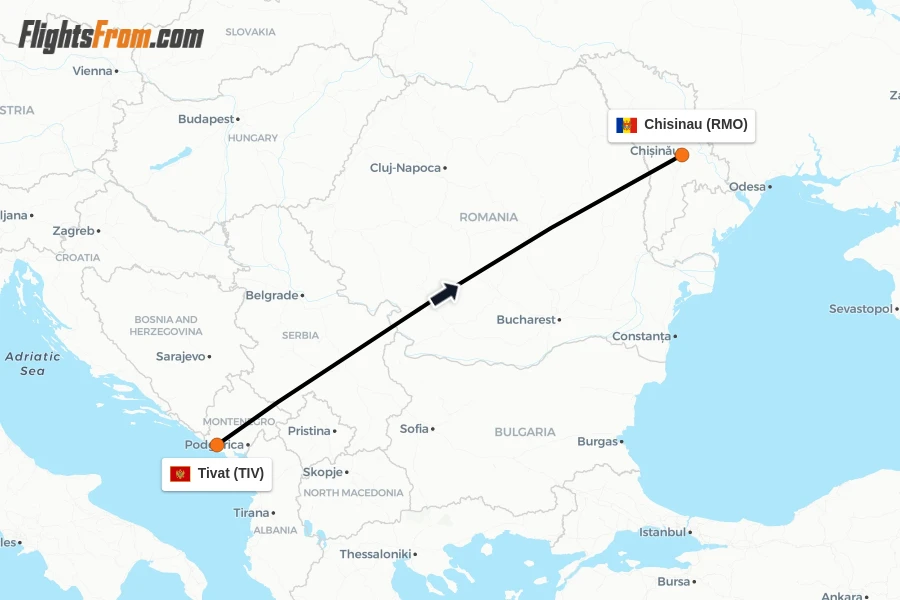 Flights from Tivat to Chisinau route map