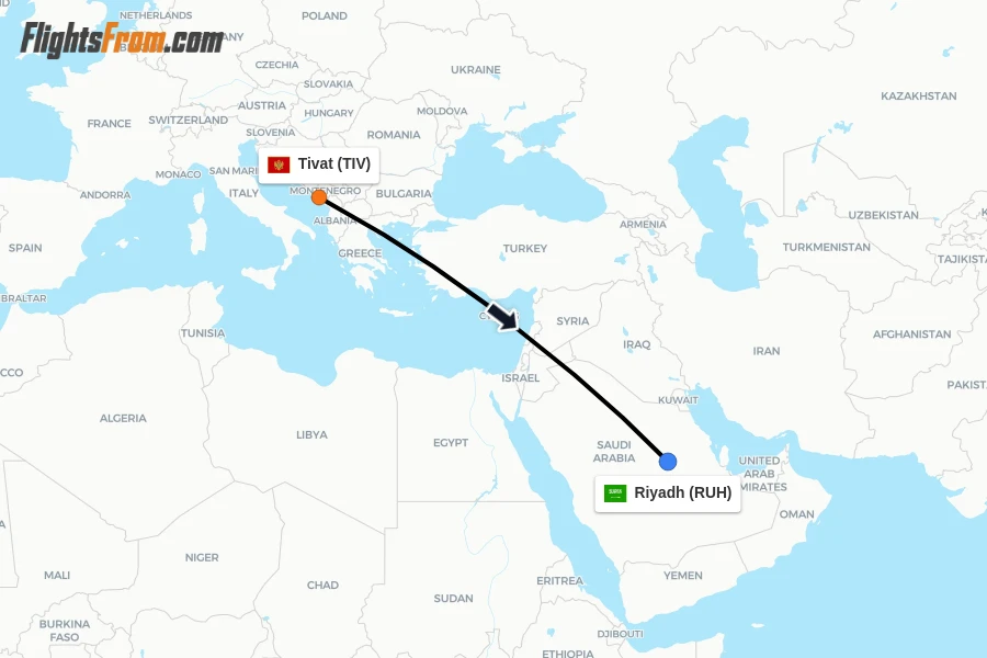 Flights from Tivat to Riyadh route map