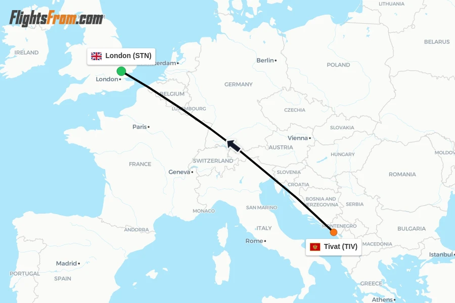 Flights from Tivat to London route map