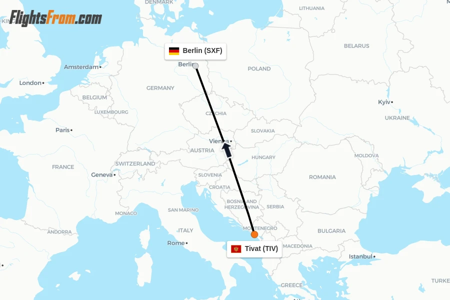 Flights from Tivat to Berlin route map