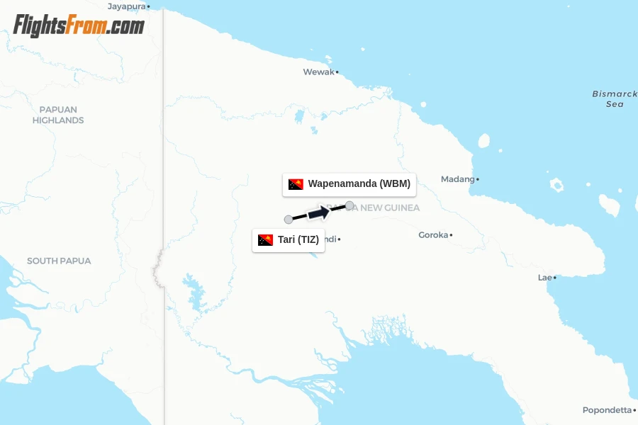 Flights from Tari to Wapenamanda route map