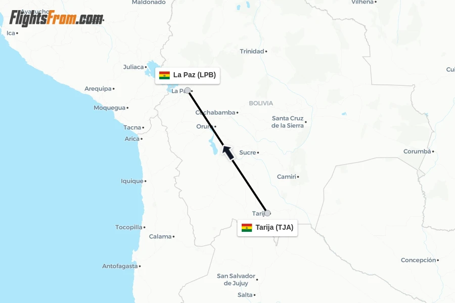 Flights from Tarija to La Paz route map