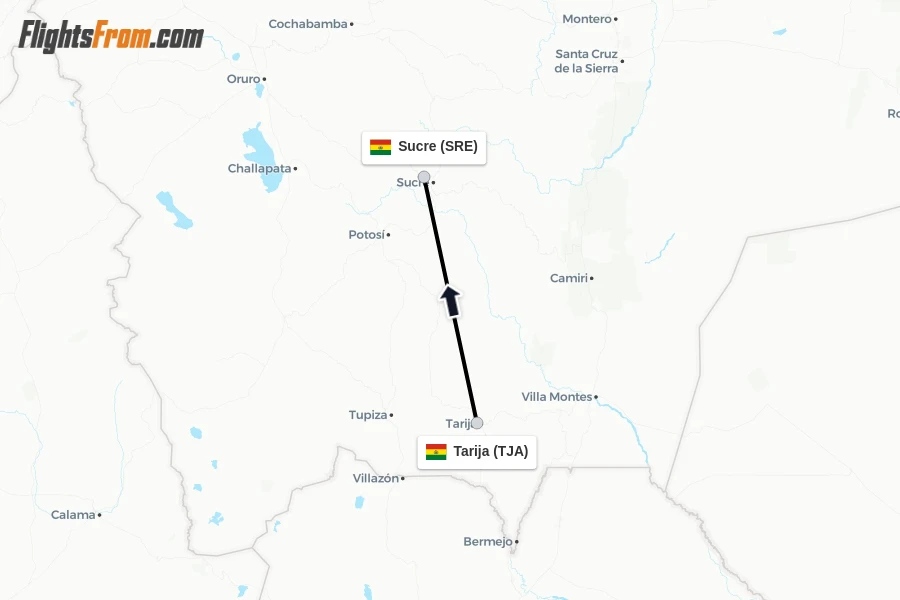 Flights from Tarija to Sucre route map