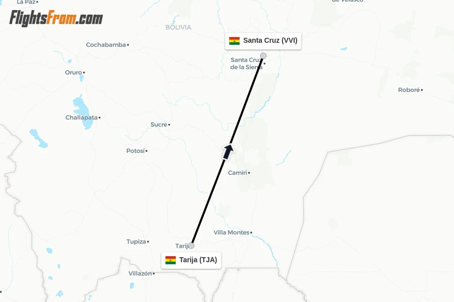 Flights from Tarija to Santa Cruz route map