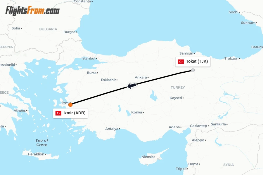 Flights from Tokat to Izmir route map