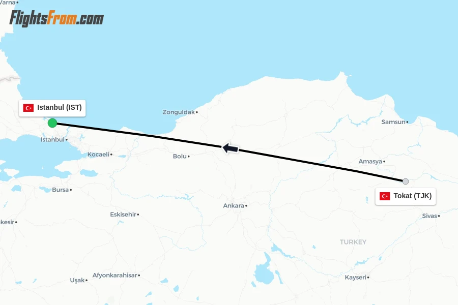 Flights from Tokat to Istanbul route map