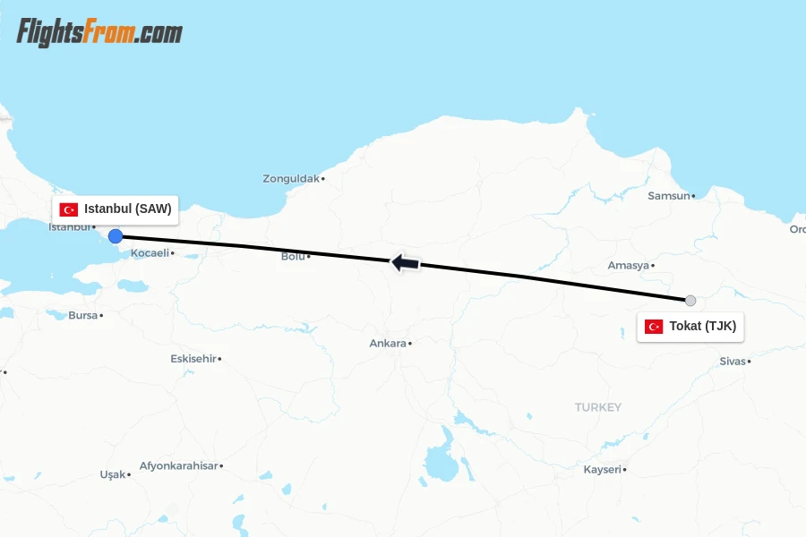 Flights from Tokat to Istanbul route map