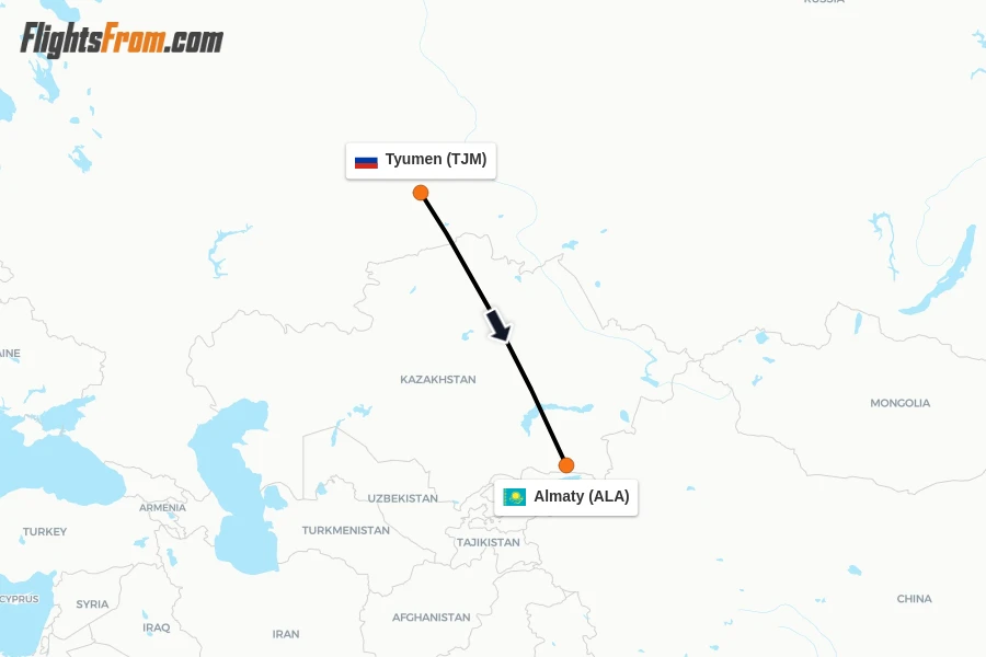 Flights from Tyumen to Almaty route map