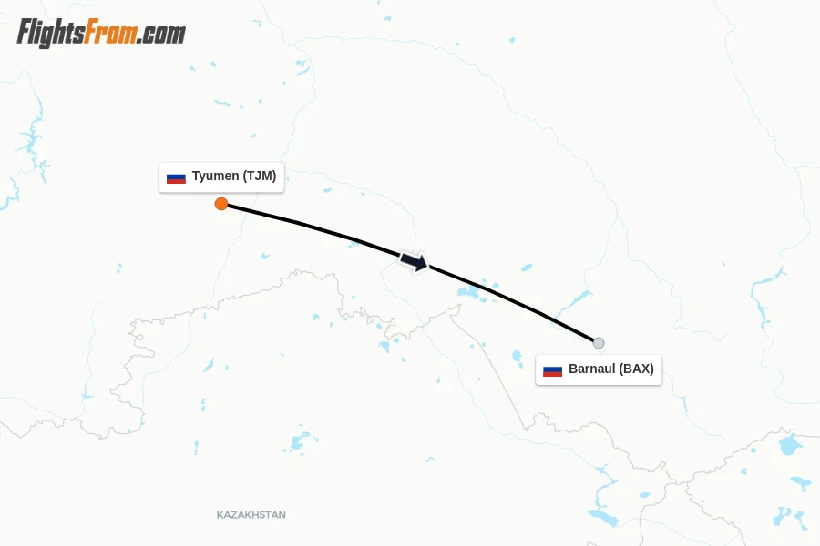 Flights from Tyumen to Barnaul route map