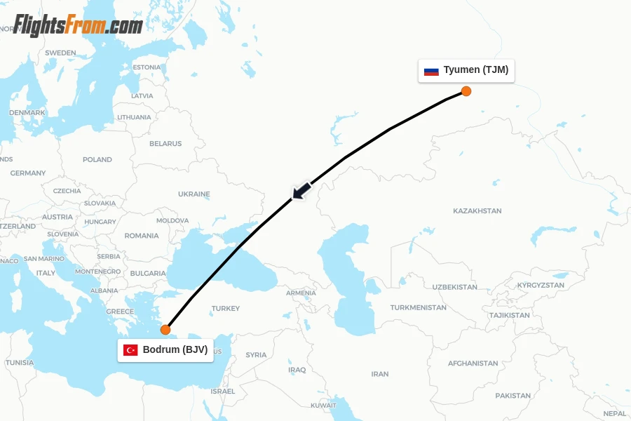 Flights from Tyumen to Bodrum route map