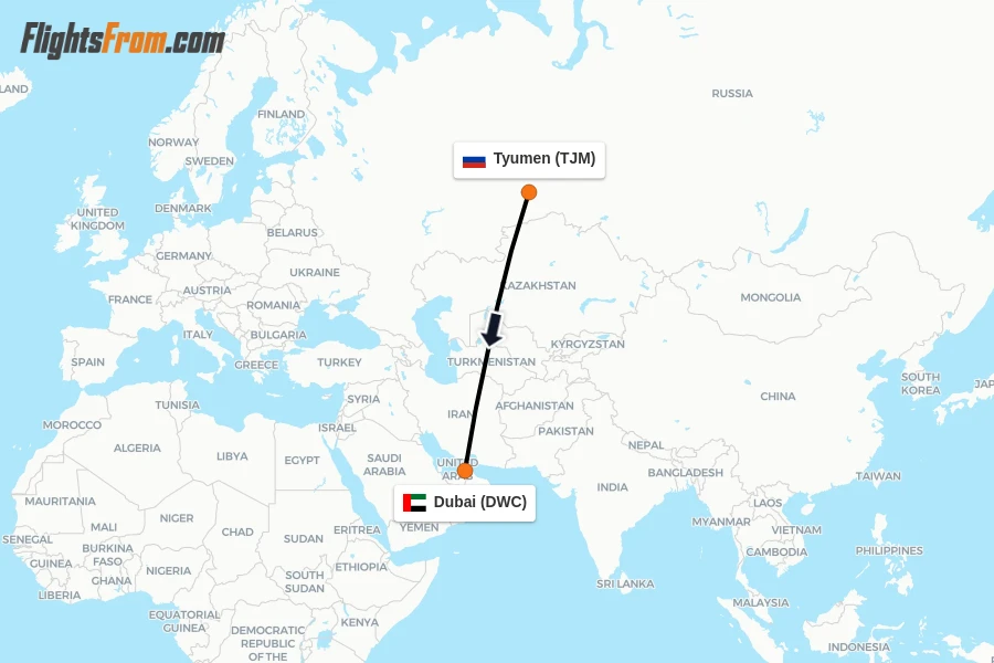 Flights from Tyumen to Dubai route map