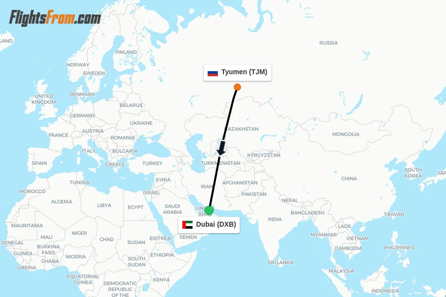 Flights from Tyumen to Dubai route map
