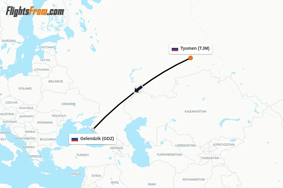 Flights from Tyumen to Gelendzik route map