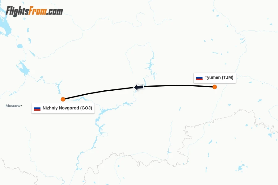 Flights from Tyumen to Nizhniy Novgorod route map