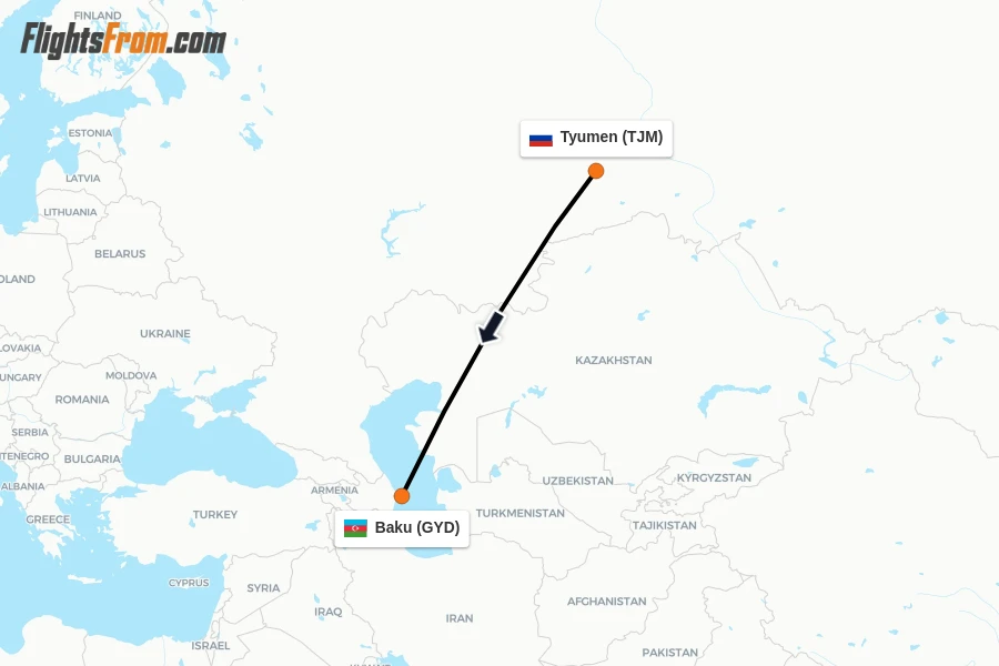 Flights from Tyumen to Baku route map