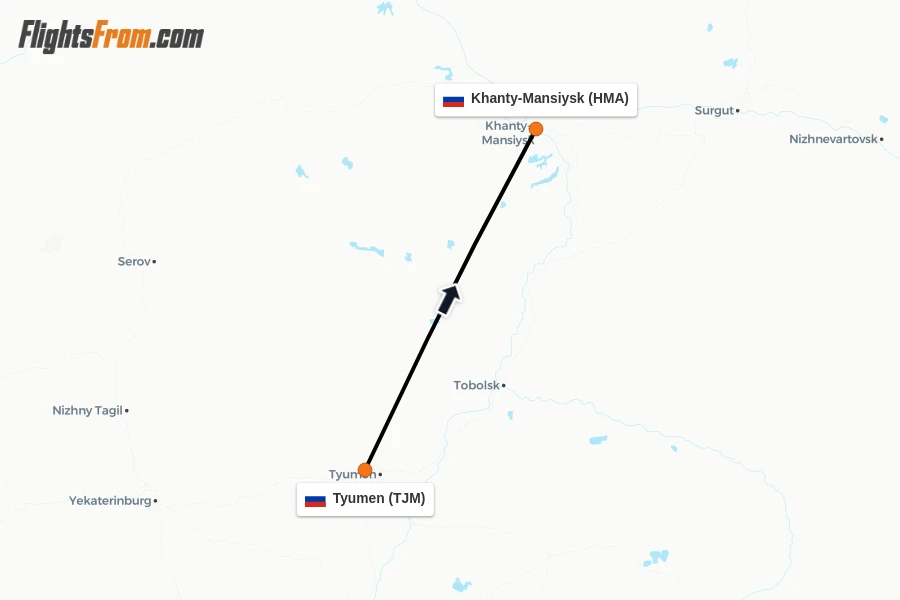 Flights from Tyumen to Khanty-Mansiysk route map