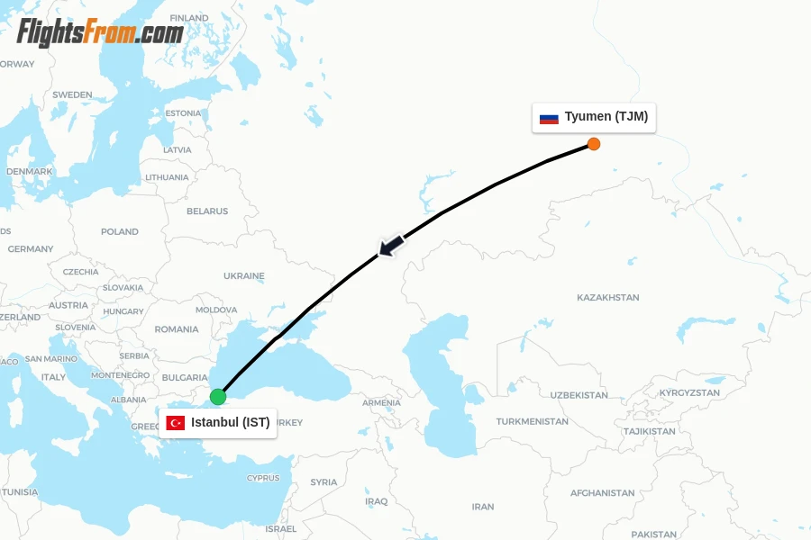 Flights from Tyumen to Istanbul route map