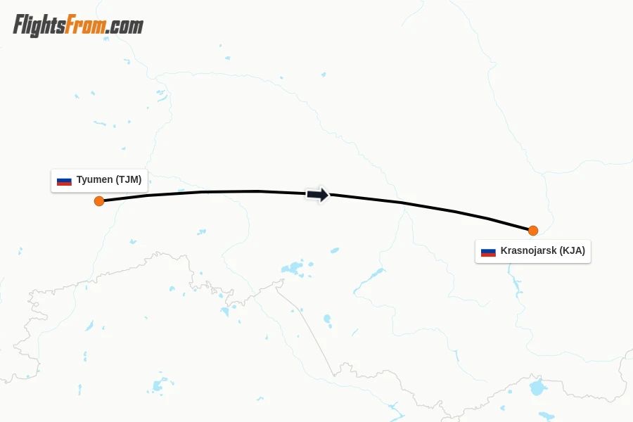 Flights from Tyumen to Krasnojarsk route map