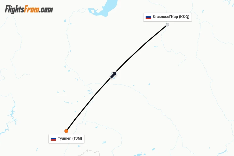 Flights from Tyumen to Krasnosel'Kup route map