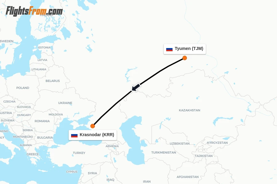 Flights from Tyumen to Krasnodar route map