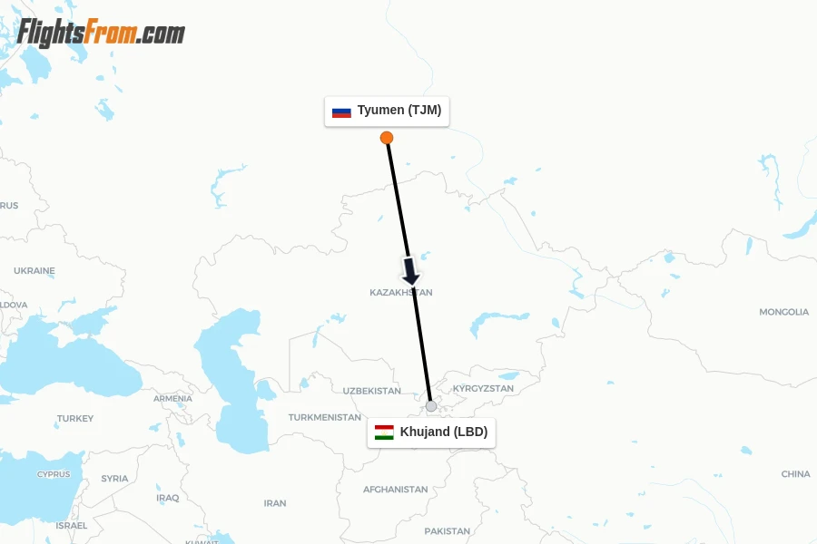 Flights from Tyumen to Khujand route map
