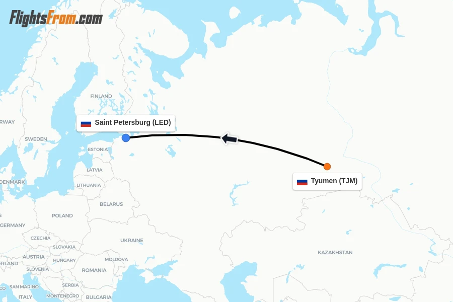 Flights from Tyumen to Saint Petersburg route map