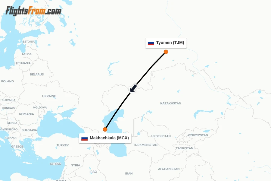 Flights from Tyumen to Makhachkala route map