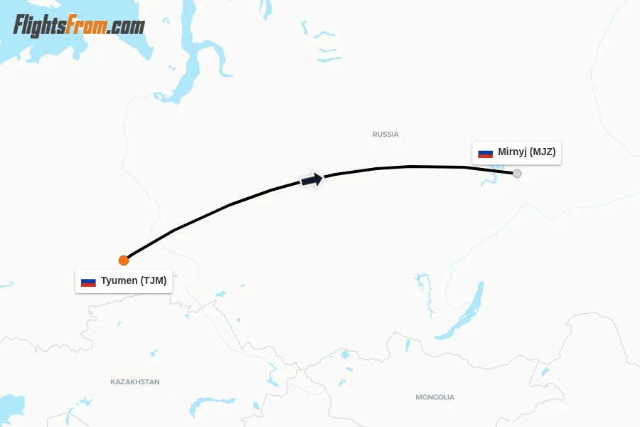 Flights from Tyumen to Mirnyj route map