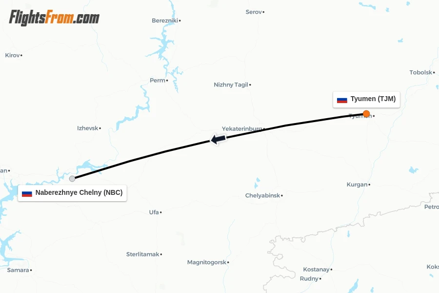 Flights from Tyumen to Naberezhnye Chelny route map