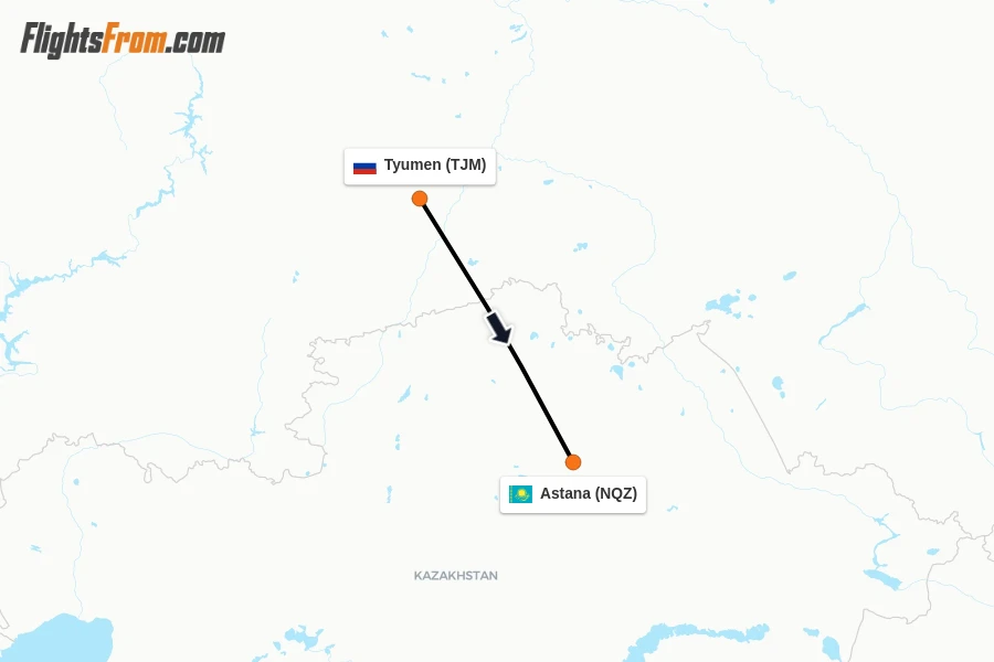 Flights from Tyumen to Astana route map