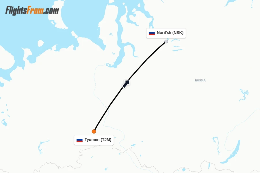 Flights from Tyumen to Noril'sk route map