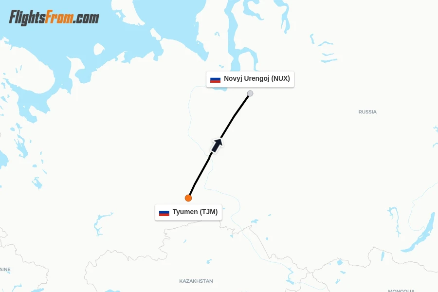 Flights from Tyumen to Novyj Urengoj route map