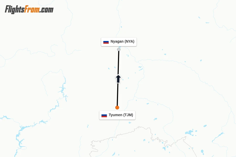 Flights from Tyumen to Nyagan route map