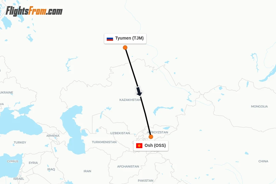 Flights from Tyumen to Osh route map