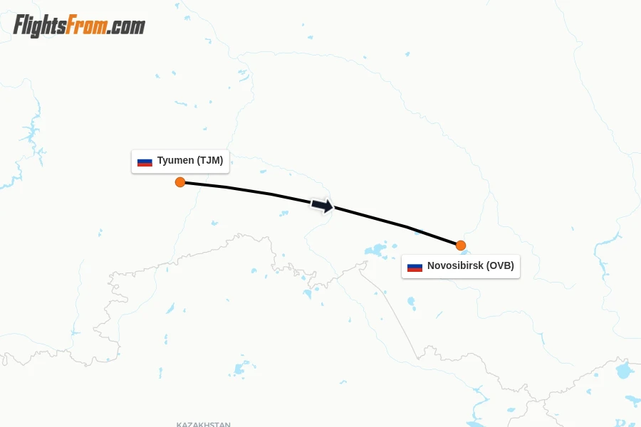 Flights from Tyumen to Novosibirsk route map