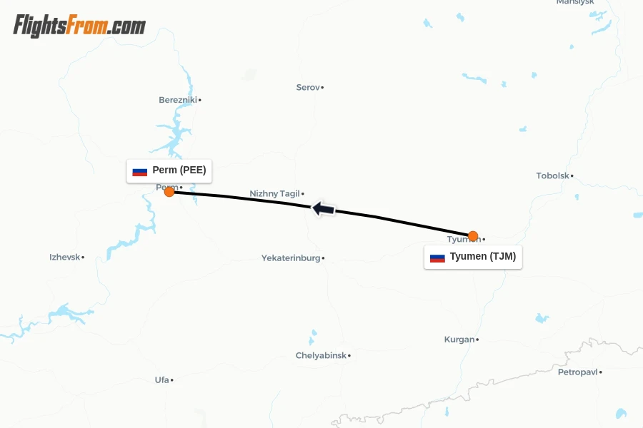 Flights from Tyumen to Perm route map