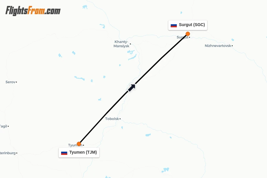 Flights from Tyumen to Surgut route map