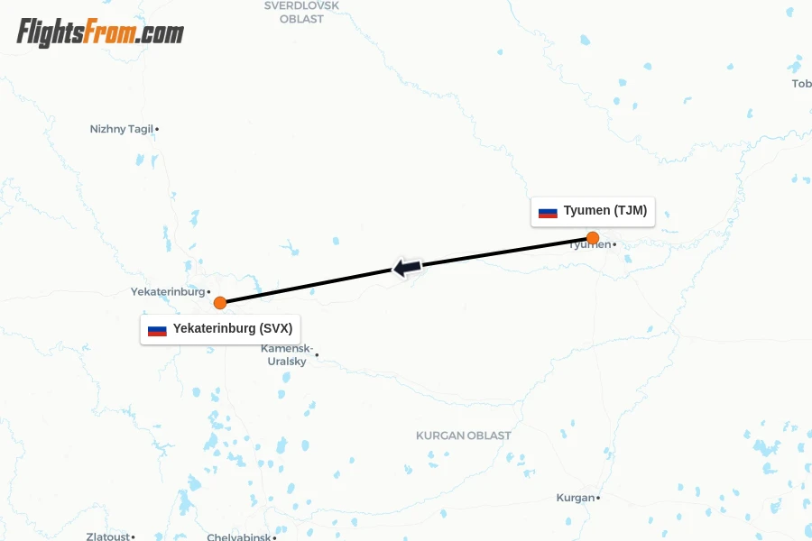 Flights from Tyumen to Yekaterinburg route map
