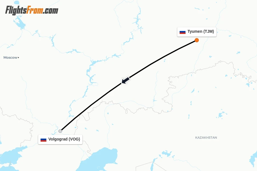 Flights from Tyumen to Volgograd route map