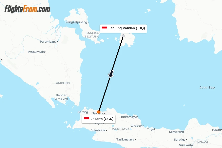 Flights from Tanjung Pandan to Jakarta route map