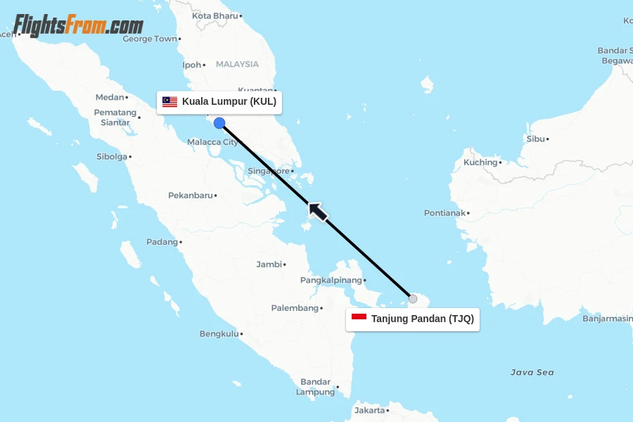 Flights from Tanjung Pandan to Kuala Lumpur route map