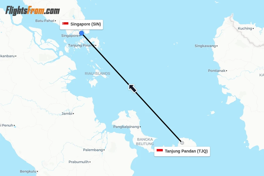 Flights from Tanjung Pandan to Singapore route map