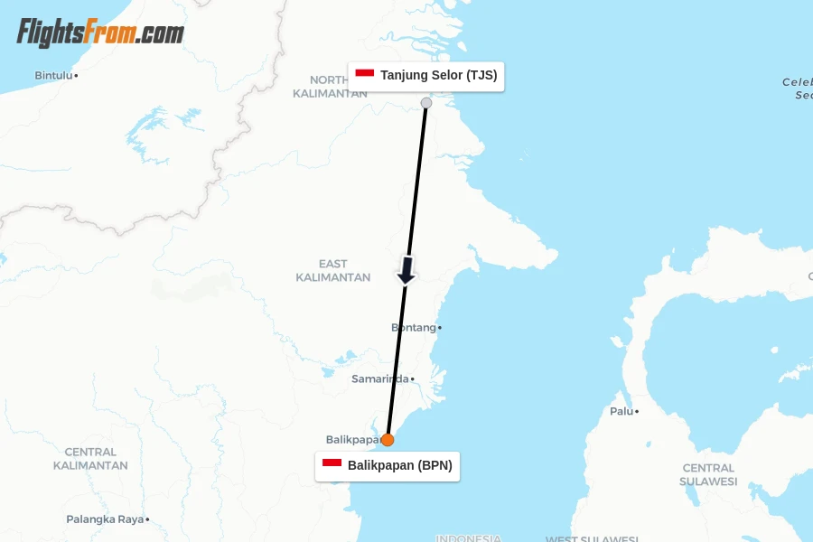 Flights from Tanjung Selor to Balikpapan route map