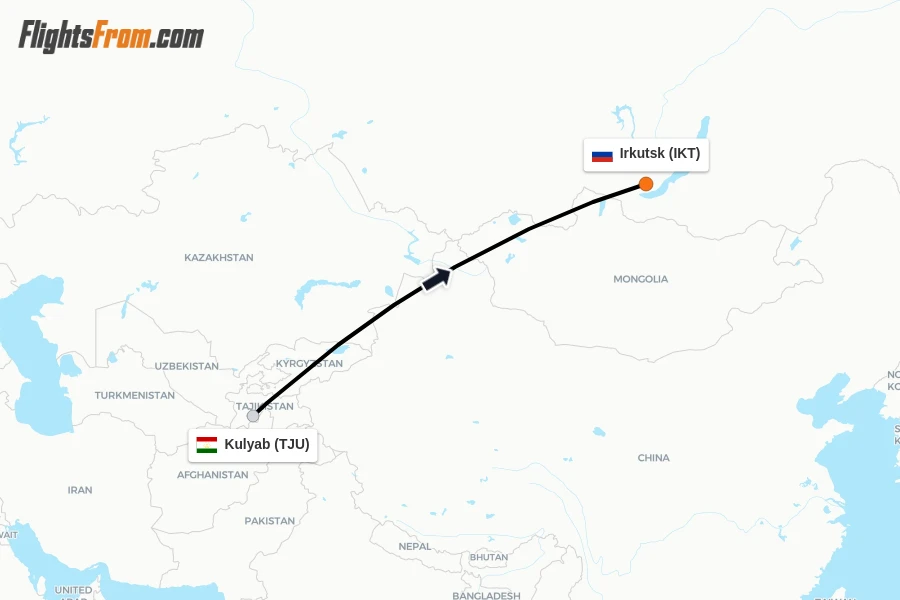 Flights from Kulyab to Irkutsk route map