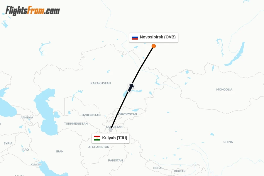 Flights from Kulyab to Novosibirsk route map